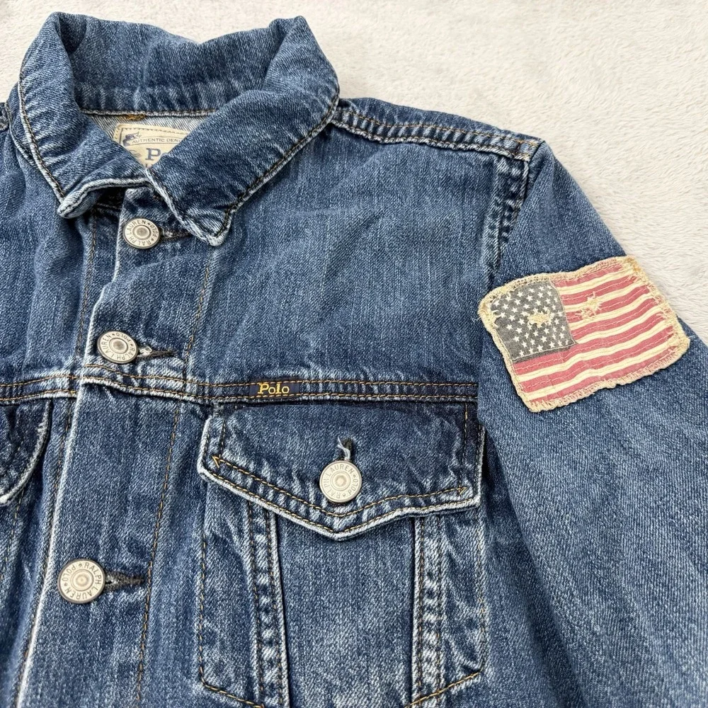 Polo Ralph Lauren Denim Jacket Kid XL (18-20) Blue Trucker USA Flag Patch Button